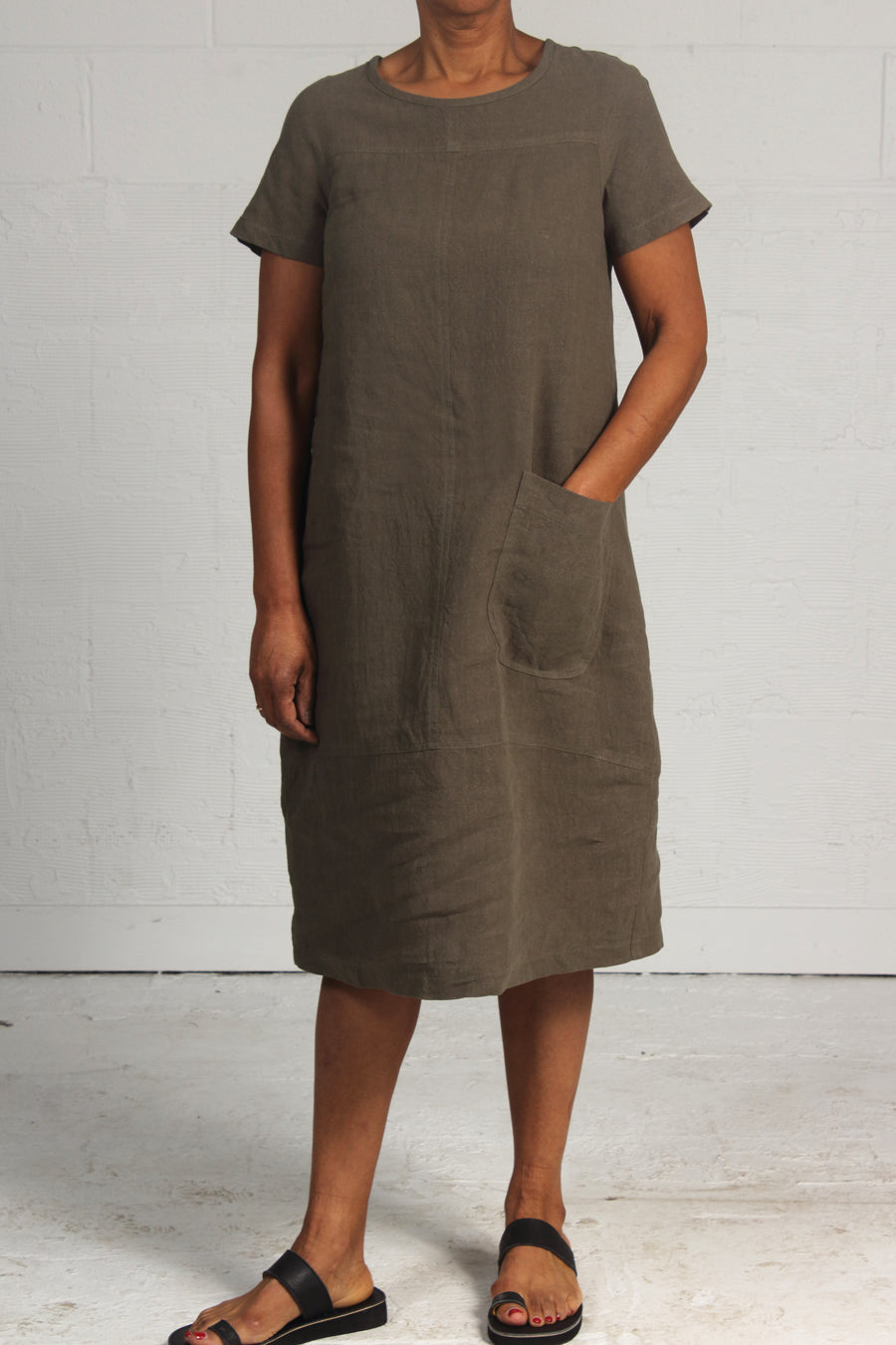 Rumpled Linen Union Dress - khaki - xsm