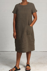 Rumpled Linen Union Dress - khaki