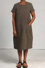 Rumpled Linen Union Dress - khaki