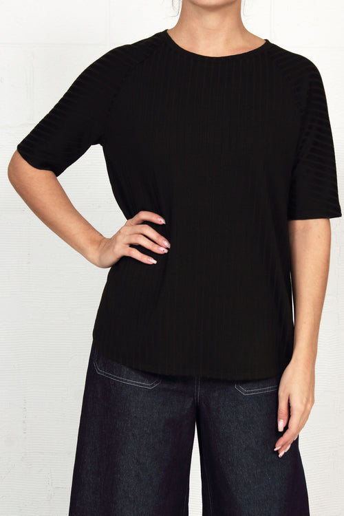 Wide Rib Knit Front Top - black